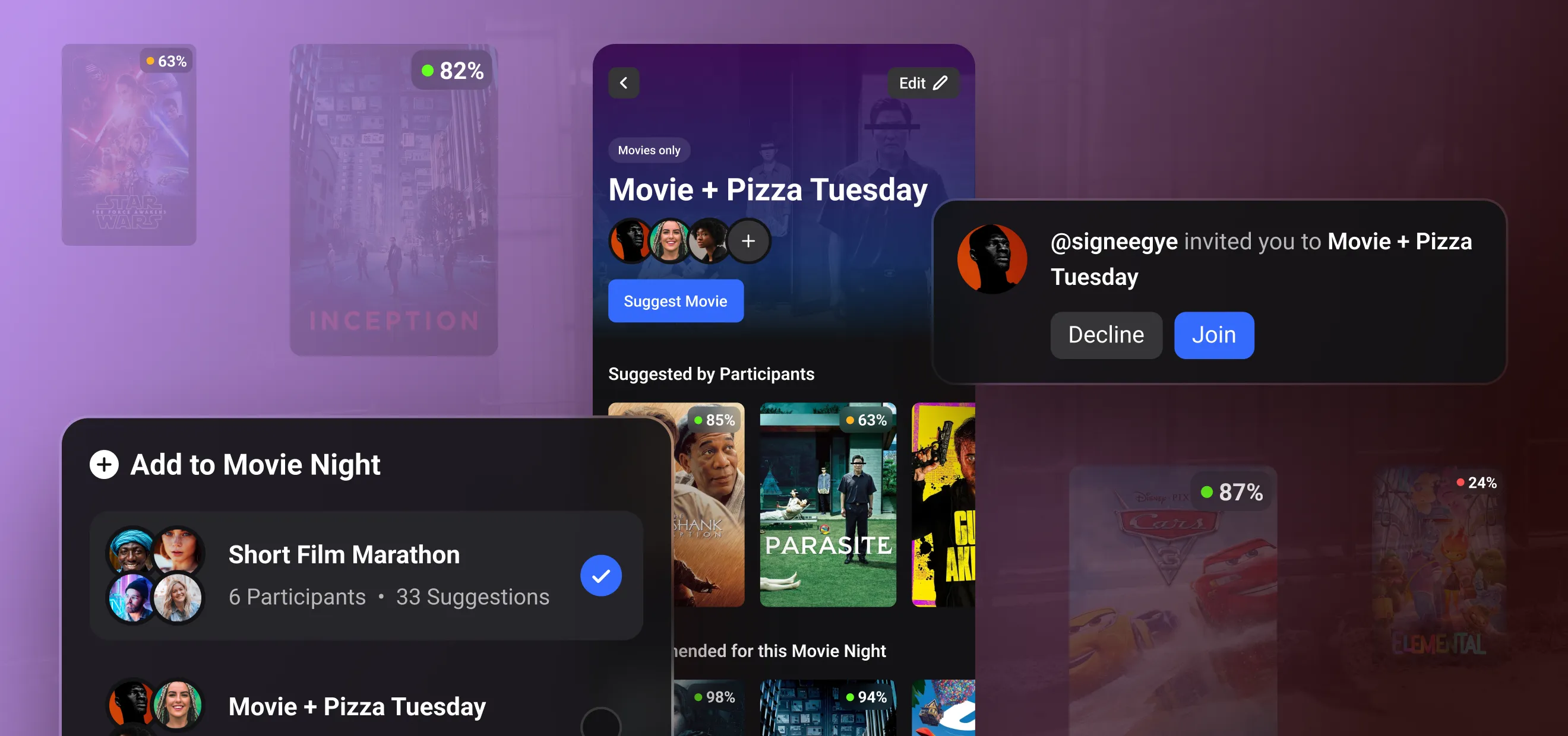 Movilo movie nights planning screens