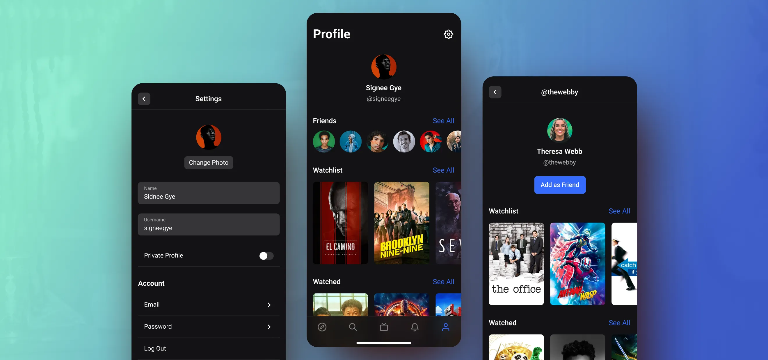 Movilo user profile and settings screens